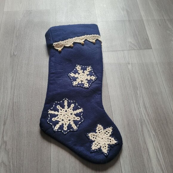 Prima Creations Navy Blue Felt Christmas Stocking  Crochet Snowflake Design Lace - Picture 1 of 7